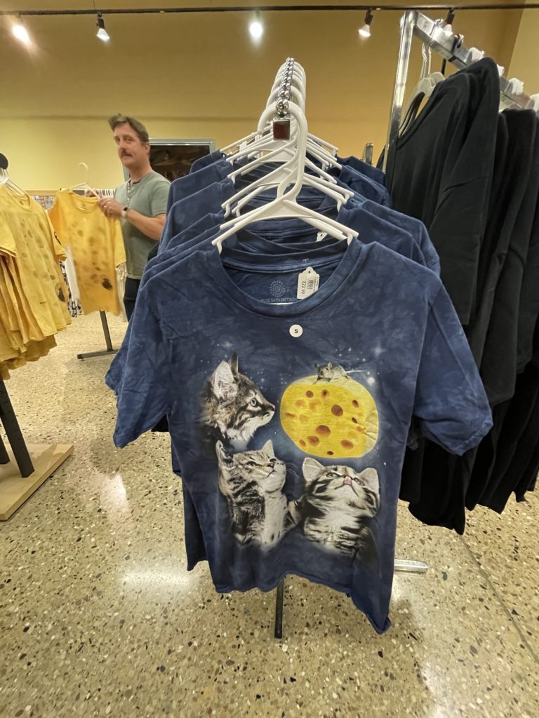 A t-shirt with three kittens and a moon made out of cheese