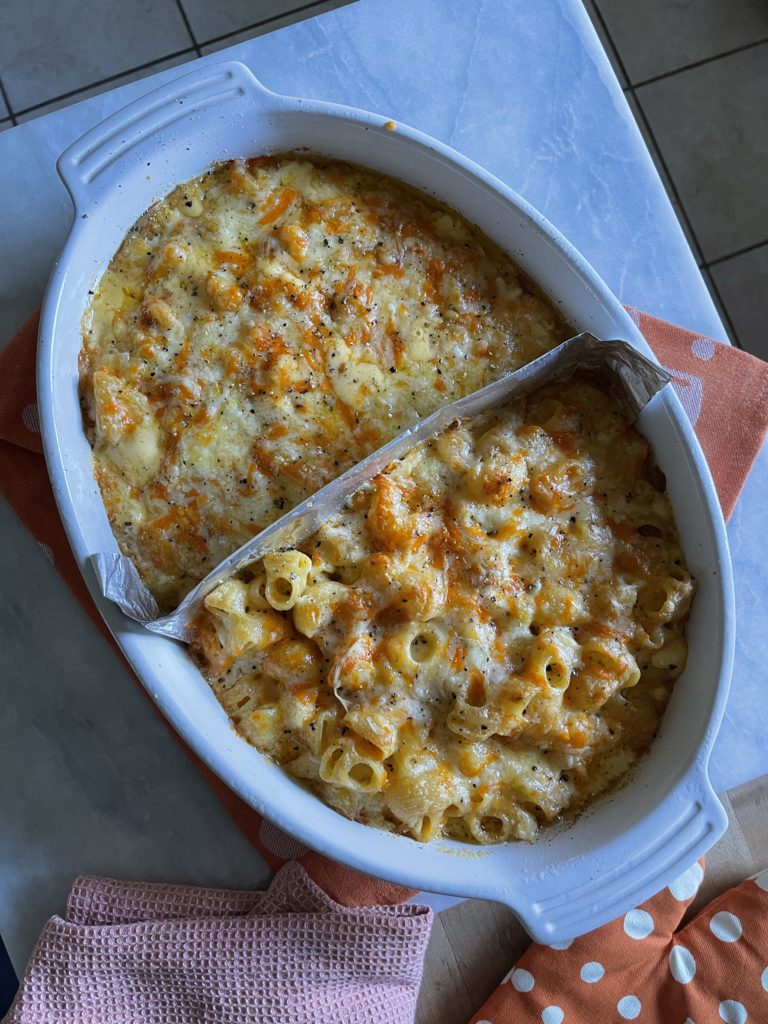 Side-by-side mac & cheese is out of the oven and looking delicious!